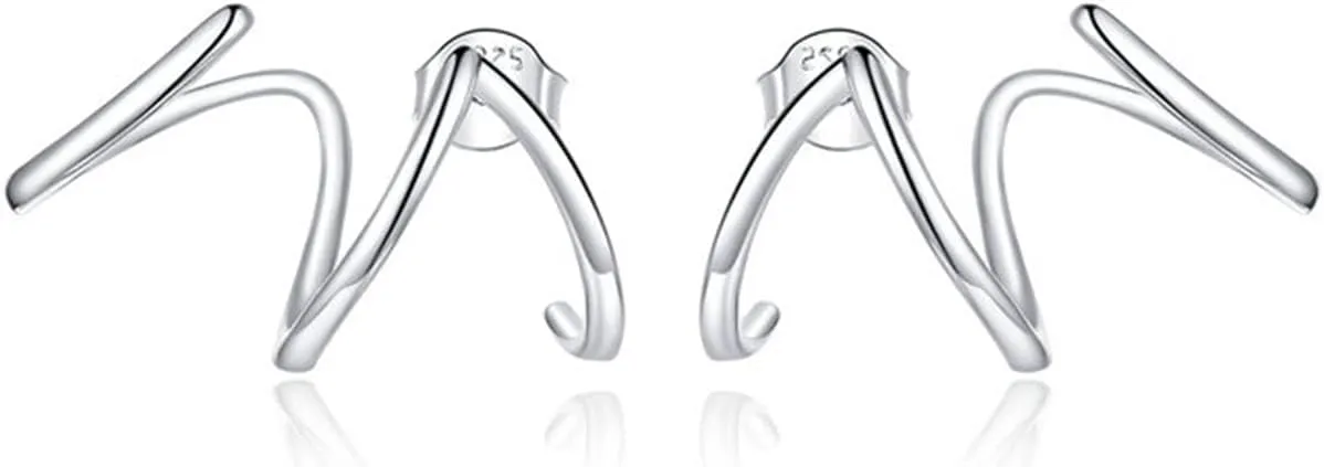 BISAER 925 Sterling Silver Triple Illusion Stud Earrings Double Huggie Hoop Earrings for One Hole Simple Trendy Claw Earring for Women Jewelry Gifts