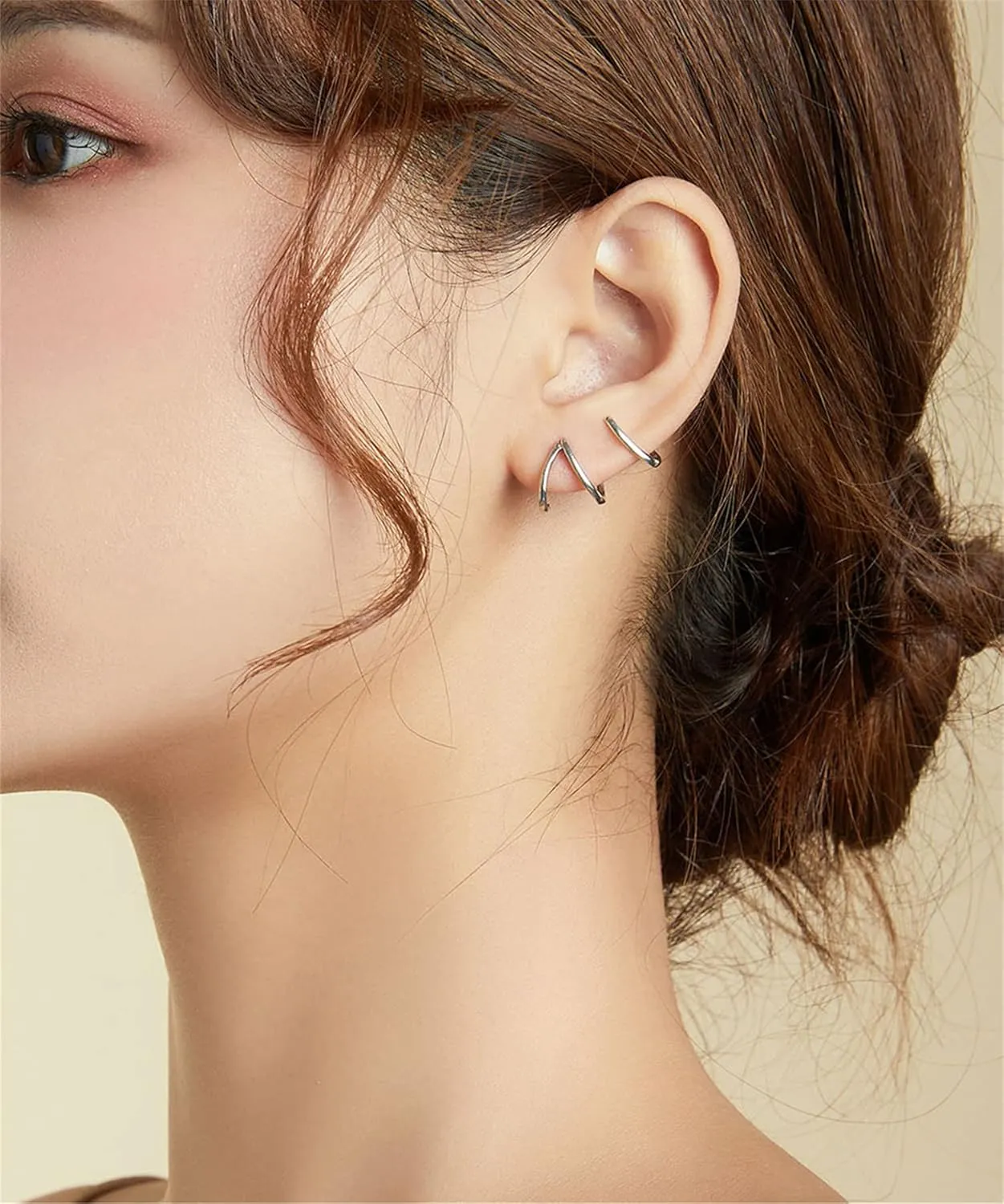 BISAER 925 Sterling Silver Triple Illusion Stud Earrings Double Huggie Hoop Earrings for One Hole Simple Trendy Claw Earring for Women Jewelry Gifts