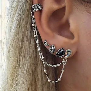 Biuhapiy 4Pcs Boho Vintage Ear Cuff Earrings for Women,Dainty Silver Chain Long Tassel Earring,Retro Black Crown Teardrop Stud Earrings Aesthetic Jewelry Non Piercing Cuff Chain Earrings Gold