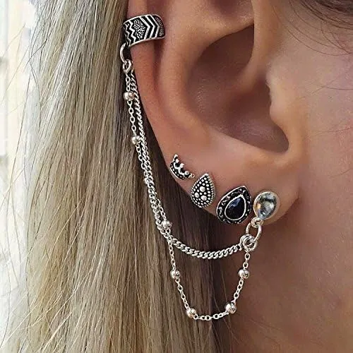 Biuhapiy 4Pcs Boho Vintage Ear Cuff Earrings for Women,Dainty Silver Chain Long Tassel Earring,Retro Black Crown Teardrop Stud Earrings Aesthetic Jewelry Non Piercing Cuff Chain Earrings Gold