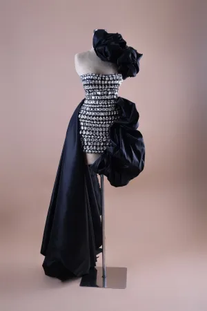 Black Jewel Strapless Gown with Oversized Bows