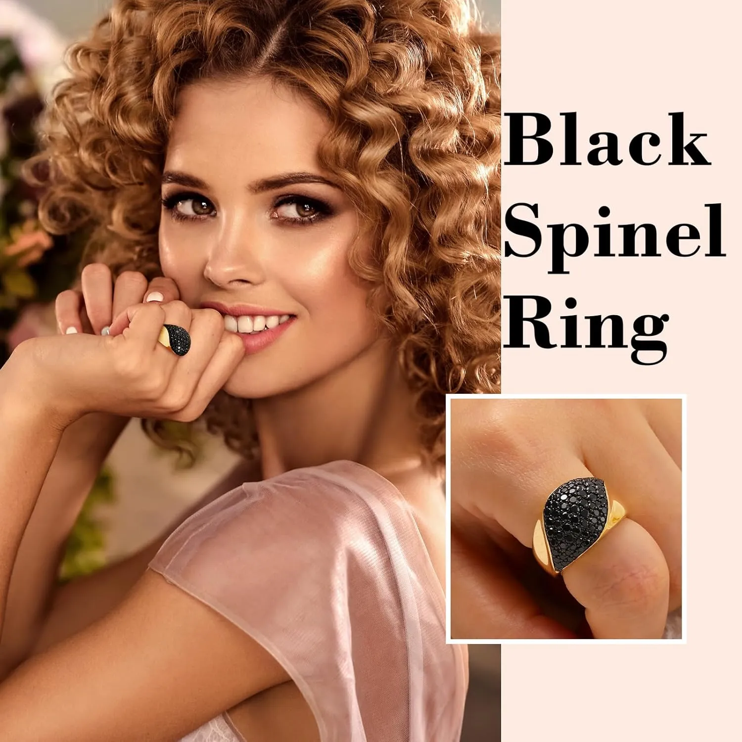 Black Spinel Gold Band Ring Woman Men 925 Sterling Silver Fake Black Diamond Statement Wide Band Cocktail Rings Size 6 to 10