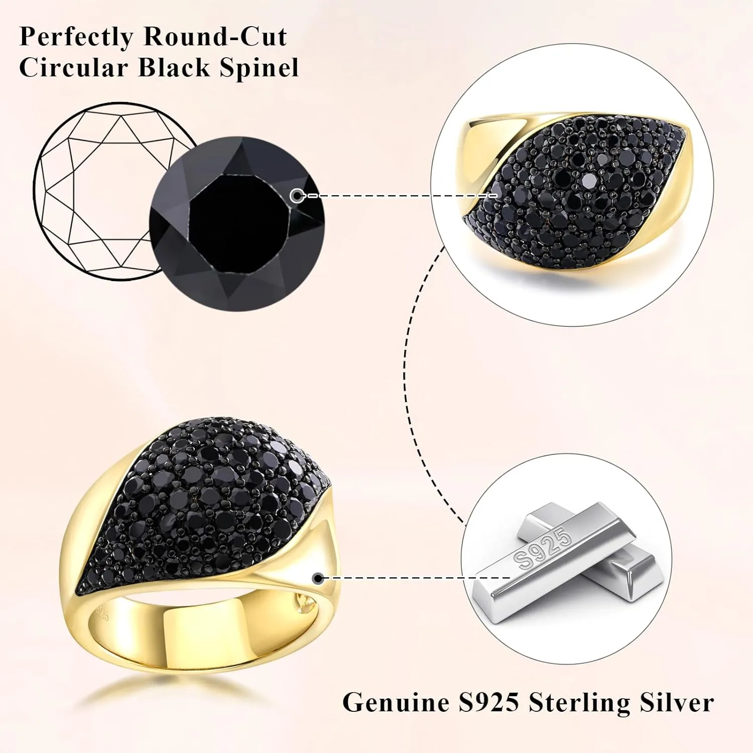 Black Spinel Gold Band Ring Woman Men 925 Sterling Silver Fake Black Diamond Statement Wide Band Cocktail Rings Size 6 to 10
