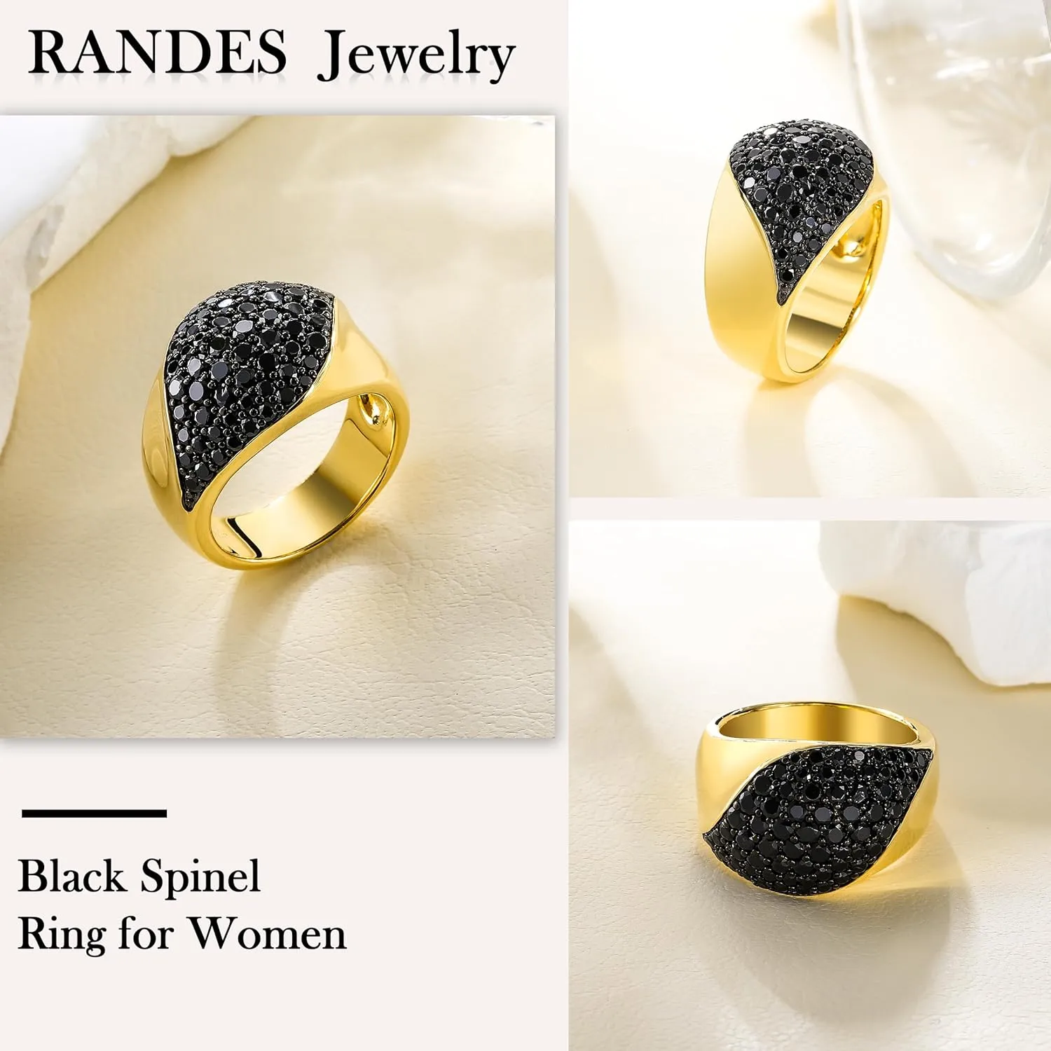 Black Spinel Gold Band Ring Woman Men 925 Sterling Silver Fake Black Diamond Statement Wide Band Cocktail Rings Size 6 to 10