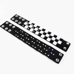 Black White Punk Genuine Leather Bracelet Cuff with Spikes Studs Rivets - Adjustable Metal Wristband for Men Women, Gothic Halloween Accessories