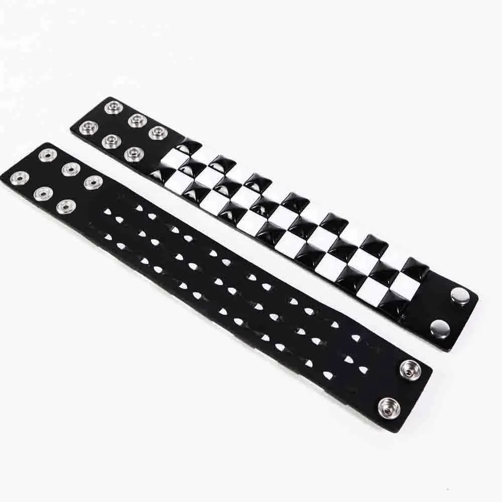 Black White Punk Genuine Leather Bracelet Cuff with Spikes Studs Rivets - Adjustable Metal Wristband for Men Women, Gothic Halloween Accessories