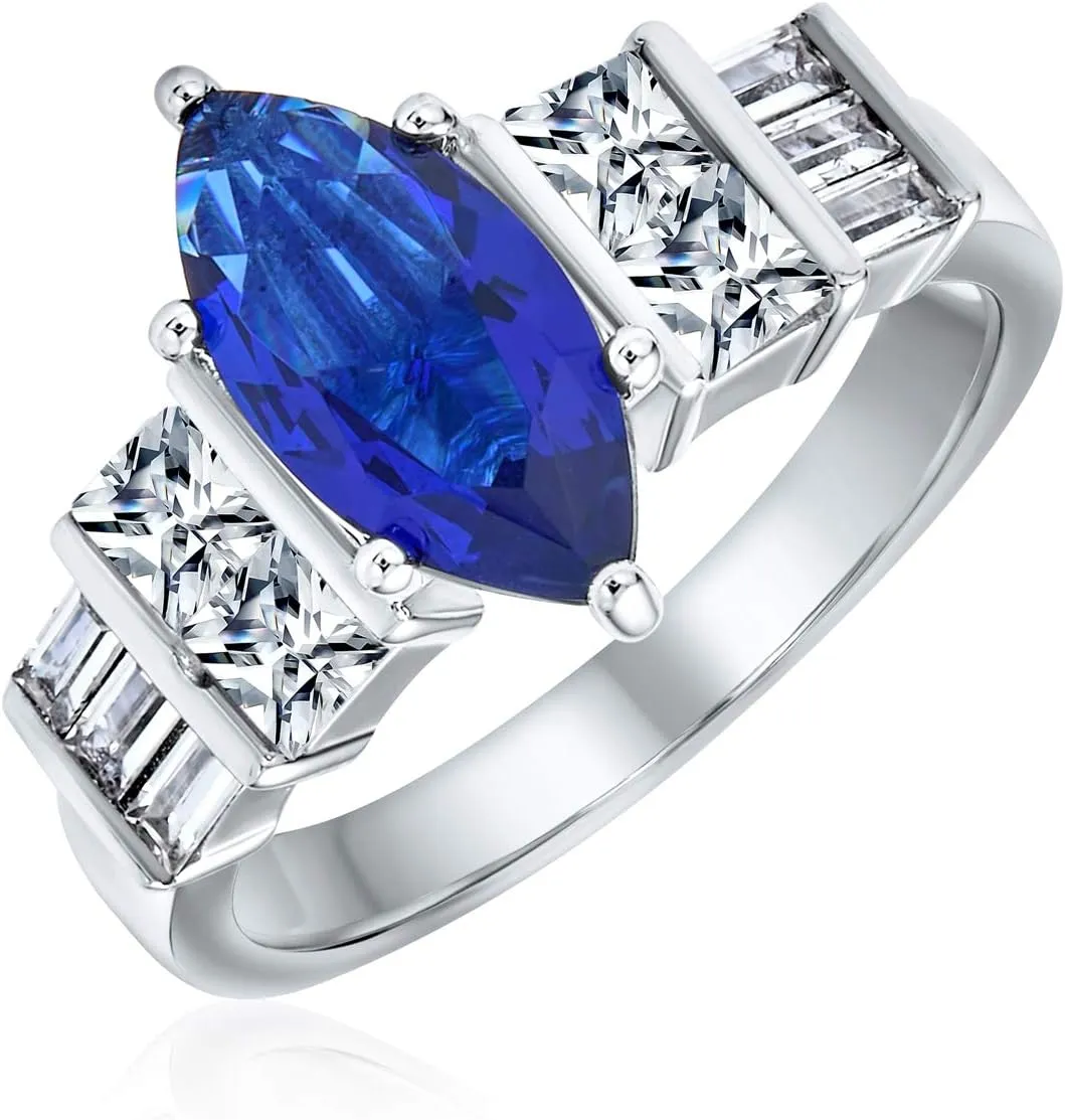 Bling Jewelry Personalize Vintage Estate Art Deco Style Halo Blue Simulated Sapphire Marquise Oval Solitaire Engagement Ring For Women .925 Sterling Silver Customizable