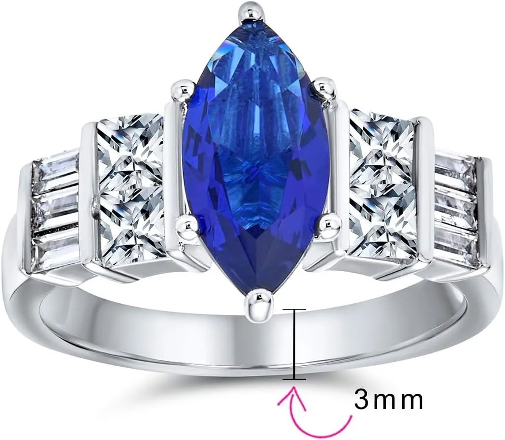 Bling Jewelry Personalize Vintage Estate Art Deco Style Halo Blue Simulated Sapphire Marquise Oval Solitaire Engagement Ring For Women .925 Sterling Silver Customizable
