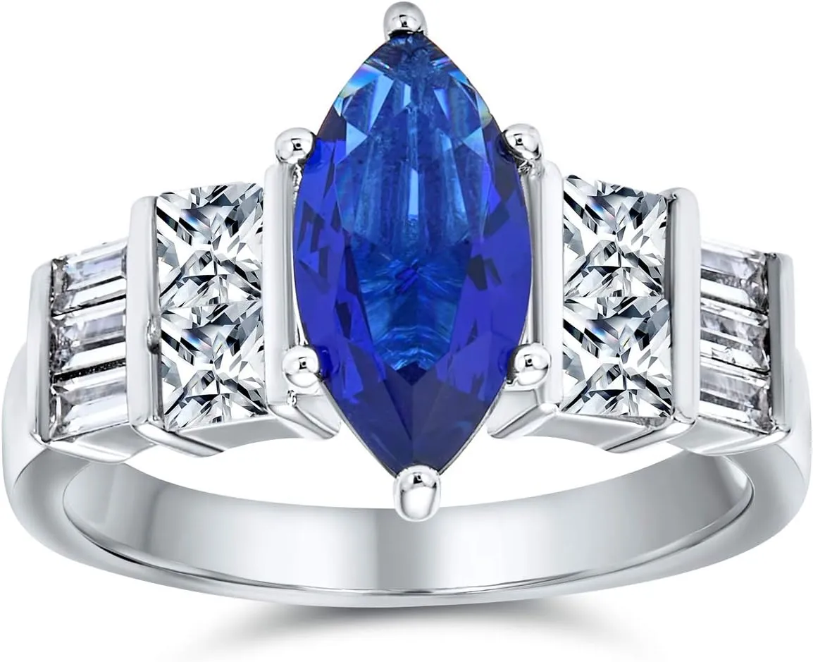 Bling Jewelry Personalize Vintage Estate Art Deco Style Halo Blue Simulated Sapphire Marquise Oval Solitaire Engagement Ring For Women .925 Sterling Silver Customizable