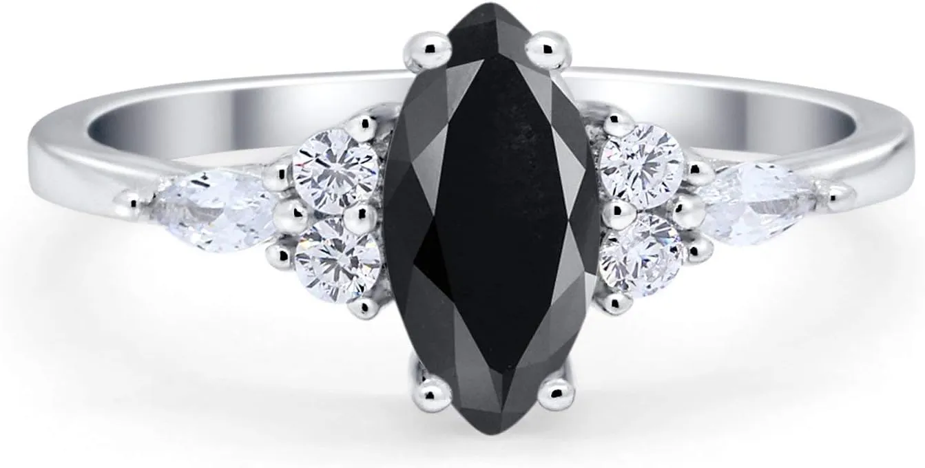 Blue Apple Co. Art Deco Vintage Style Marquise Wedding Engagement Bridal Ring Round Simulated Cubic Zirconia 925 Sterling Silver