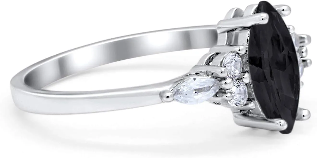 Blue Apple Co. Art Deco Vintage Style Marquise Wedding Engagement Bridal Ring Round Simulated Cubic Zirconia 925 Sterling Silver