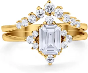 Blue Apple Co. Emerald Cut Vintage Art Deco Two Piece Bridal Set Wedding Ring Band Round Simulated Cubic Zirconia 925 Sterling Silver