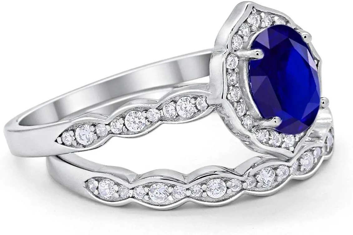 Blue Apple Co. Two Piece Art Deco Vintage Style Wedding Engagement Bridal Set Ring Band 925 Sterling Silver Oval Round CZ