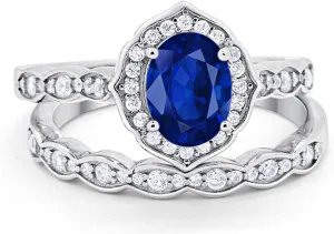 Blue Apple Co. Two Piece Art Deco Vintage Style Wedding Engagement Bridal Set Ring Band 925 Sterling Silver Oval Round CZ