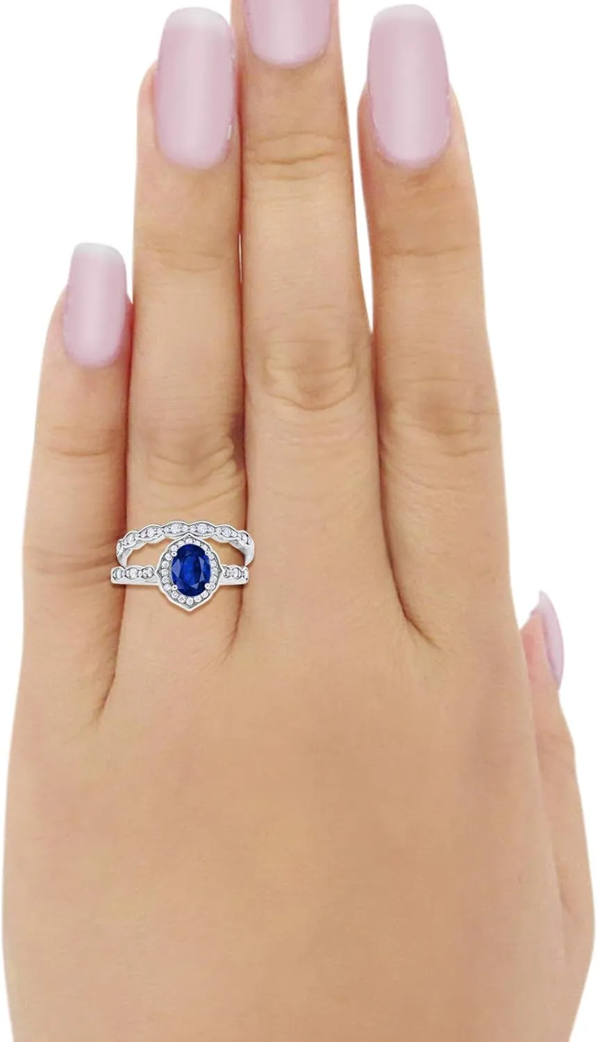 Blue Apple Co. Two Piece Art Deco Vintage Style Wedding Engagement Bridal Set Ring Band 925 Sterling Silver Oval Round CZ