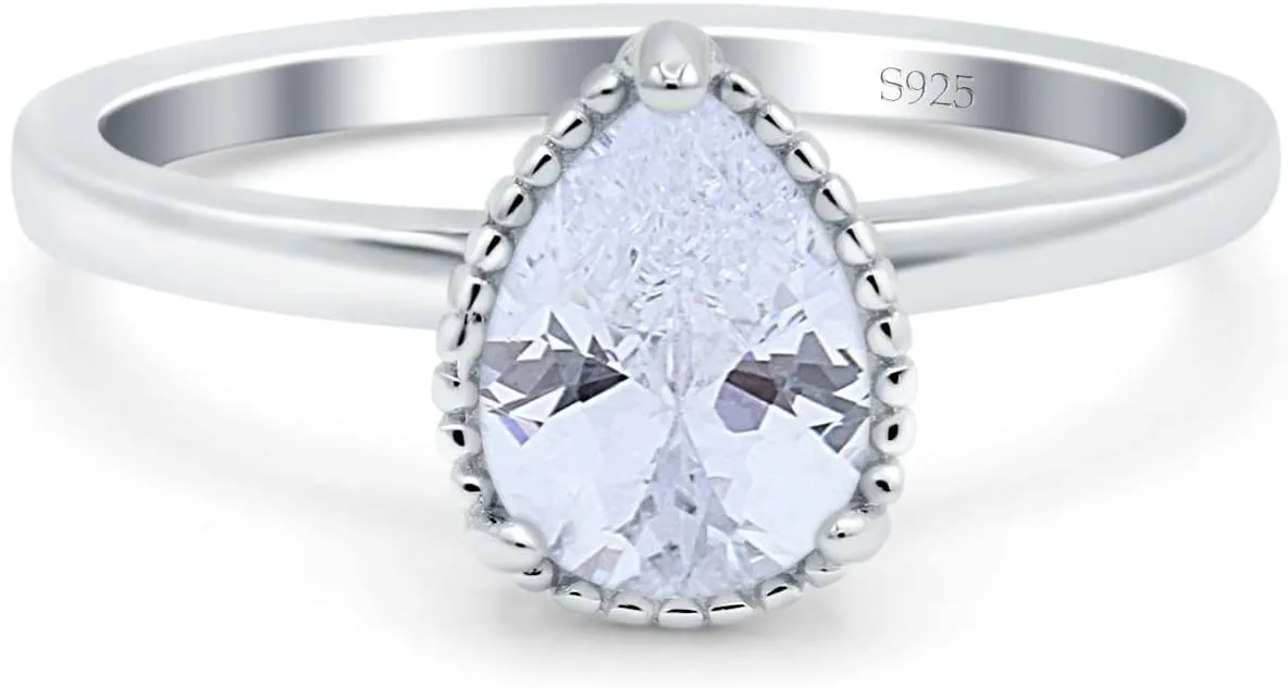 Blue Apple Co. Vintage Style Art Deco Solitaire Accent Pear Wedding Engagement Ring Simulated Cubic Zirconia 925 Sterling Silver