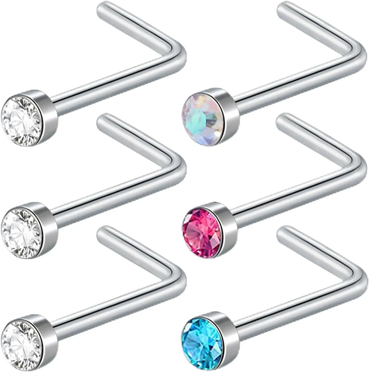 BLZ 18G 1.5mm Nose Studs for Women Men - 6PCS L Shaped Surgical Stainless Steel 316L Hypoallergenic Cubic Zirconia Jewelry for Nose Piercings