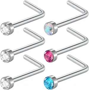 BLZ 18G 1.5mm Nose Studs for Women Men - 6PCS L Shaped Surgical Stainless Steel 316L Hypoallergenic Cubic Zirconia Jewelry for Nose Piercings