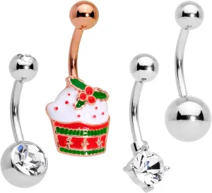 Body Candy 4Pc Plated Steel Navel Ring Piercing Clear Accent Regal Christmas Cupcake Belly Button Ring Set