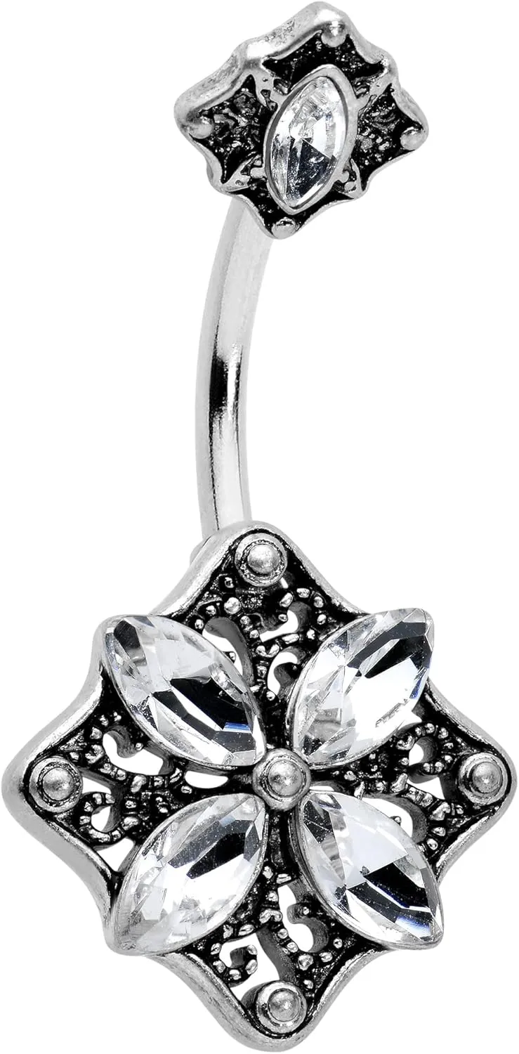 Body Candy Women Steel Navel Ring Piercing Baroque Rhombus Flower Double Mount Belly Button Ring