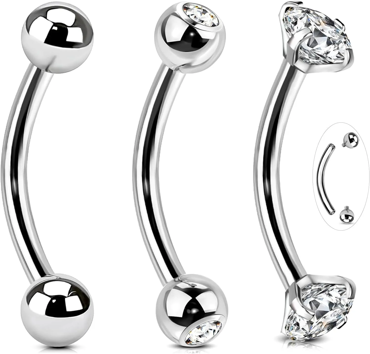BodyAce 14G Surgical Steel Body Jewelry, 14G Belly Button Rings Gold Curved Navel Barbells, Silver Snake Eyes Piercings for Tongue Conch Eyebrow Rings