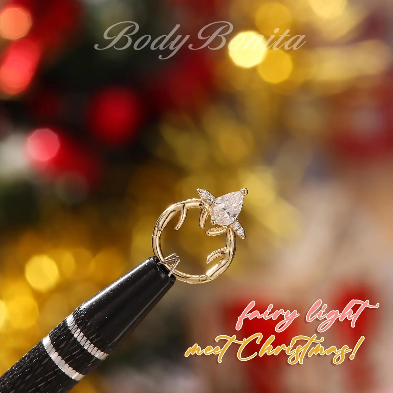 BodyBonita 16G Christmas Septum Rings Jewelry - 316 Surgical Steel Deer CZ Nose Rings Hoops Clicker for Women Daith Piercing Jewelry Conch Tragus Helix Cartilage Earring 14K Gold Plated/Silver 10 mm