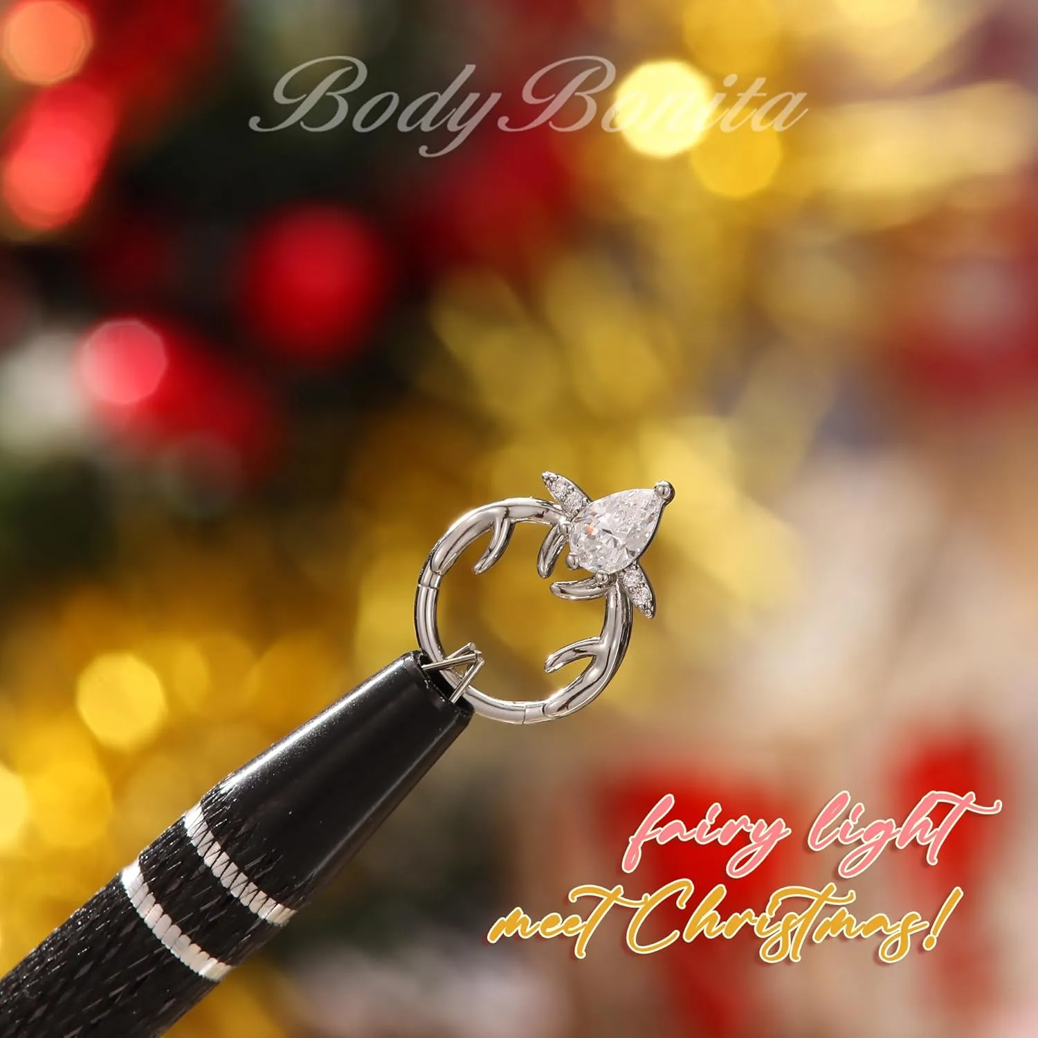 BodyBonita 16G Christmas Septum Rings Jewelry - 316 Surgical Steel Deer CZ Nose Rings Hoops Clicker for Women Daith Piercing Jewelry Conch Tragus Helix Cartilage Earring 14K Gold Plated/Silver 10 mm