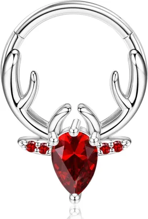 BodyBonita 16G Christmas Septum Rings Jewelry - 316 Surgical Steel Deer CZ Nose Rings Hoops Clicker for Women Daith Piercing Jewelry Conch Tragus Helix Cartilage Earring 14K Gold Plated/Silver 10 mm