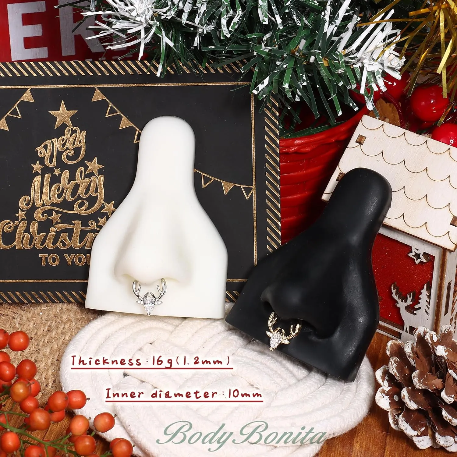 BodyBonita 16G Christmas Septum Rings Jewelry - 316 Surgical Steel Deer CZ Nose Rings Hoops Clicker for Women Daith Piercing Jewelry Conch Tragus Helix Cartilage Earring 14K Gold Plated/Silver 10 mm