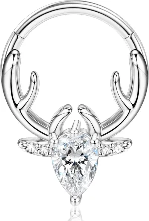 BodyBonita 16G Christmas Septum Rings Jewelry - 316 Surgical Steel Deer CZ Nose Rings Hoops Clicker for Women Daith Piercing Jewelry Conch Tragus Helix Cartilage Earring 14K Gold Plated/Silver 10 mm