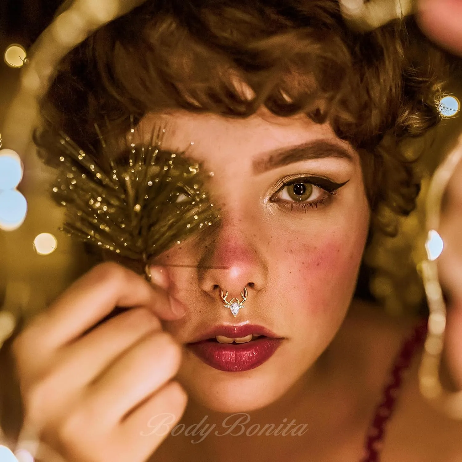 BodyBonita 16G Christmas Septum Rings Jewelry - 316 Surgical Steel Deer CZ Nose Rings Hoops Clicker for Women Daith Piercing Jewelry Conch Tragus Helix Cartilage Earring 14K Gold Plated/Silver 10 mm