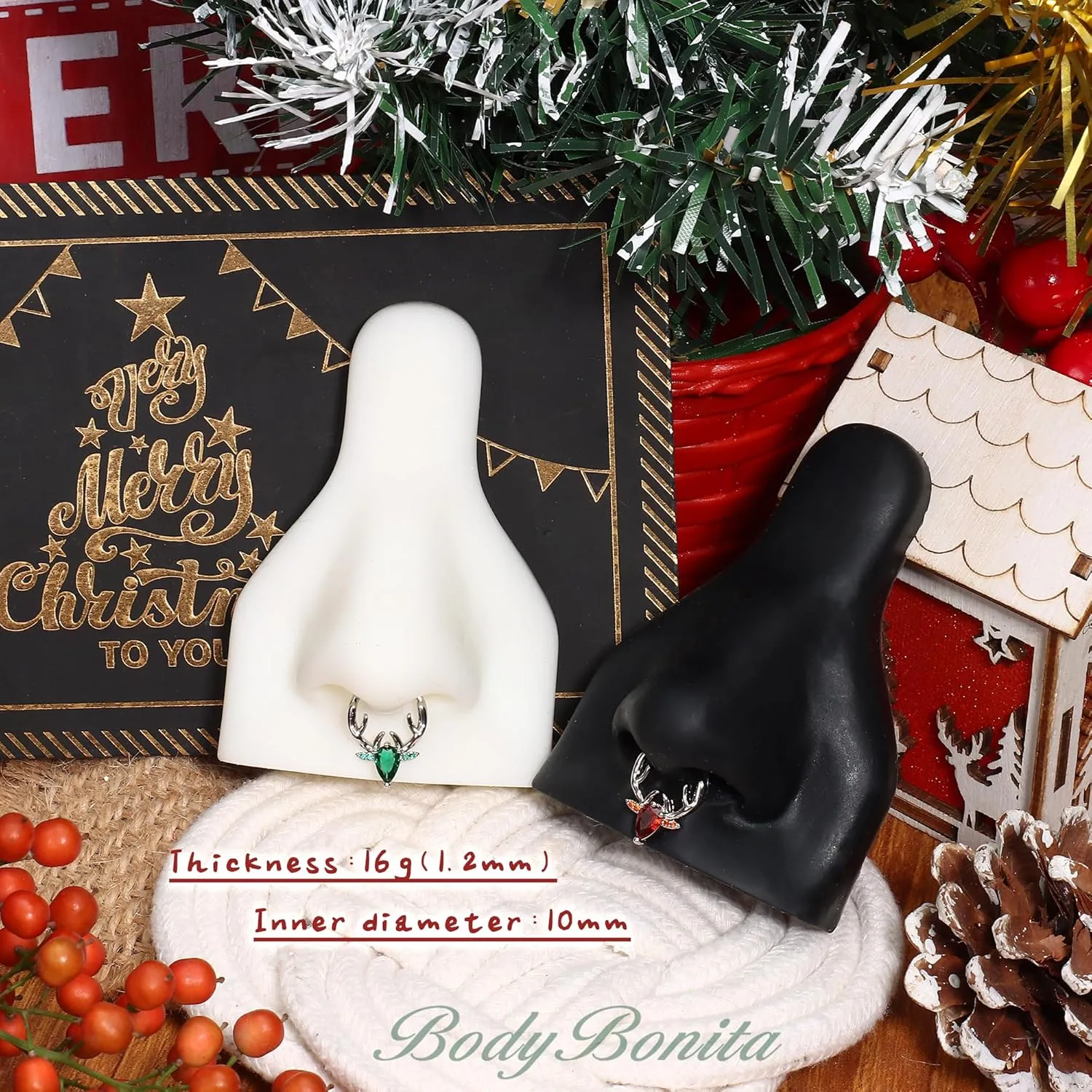 BodyBonita 16G Christmas Septum Rings Jewelry - 316 Surgical Steel Deer CZ Nose Rings Hoops Clicker for Women Daith Piercing Jewelry Conch Tragus Helix Cartilage Earring 14K Gold Plated/Silver 10 mm