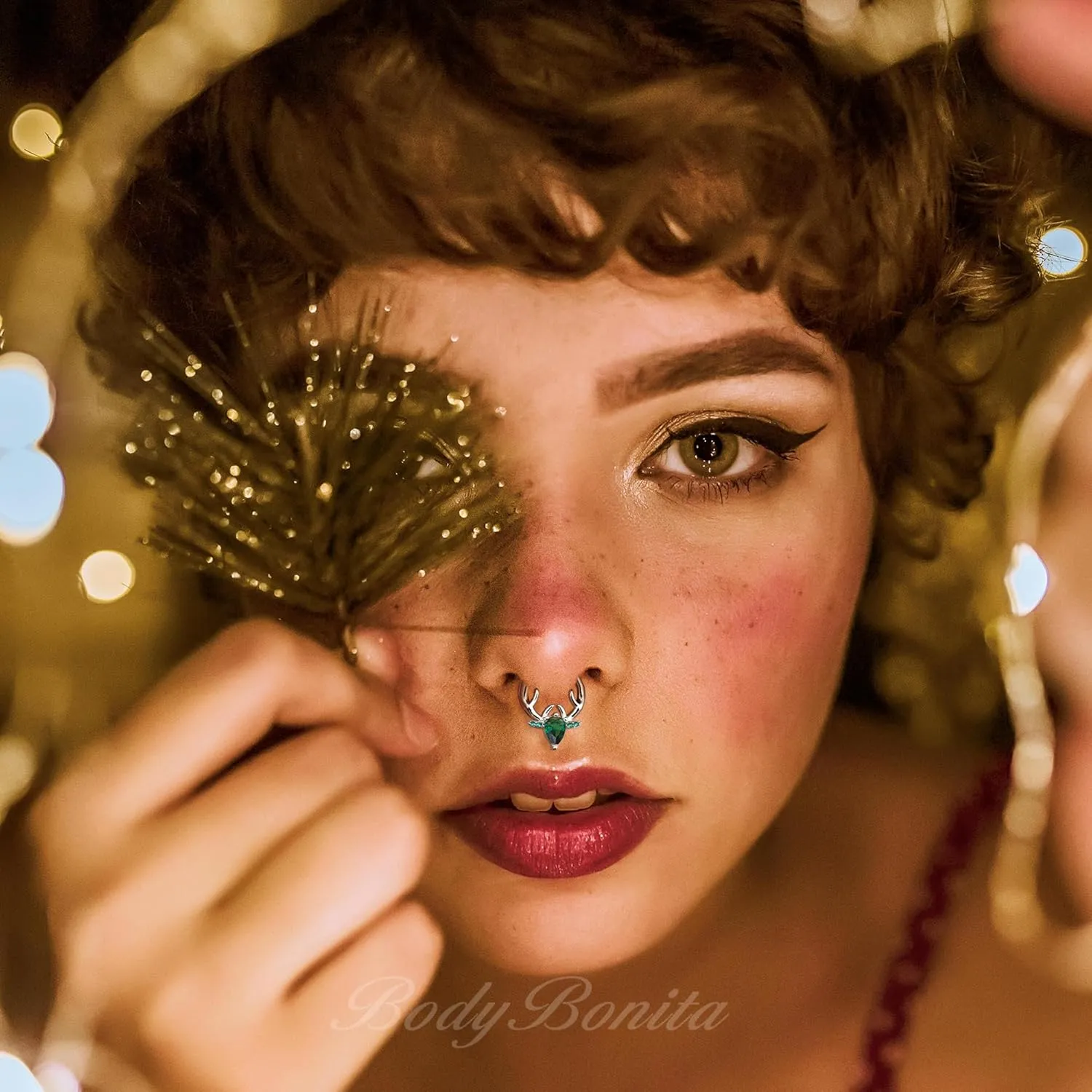 BodyBonita 16G Christmas Septum Rings Jewelry - 316 Surgical Steel Deer CZ Nose Rings Hoops Clicker for Women Daith Piercing Jewelry Conch Tragus Helix Cartilage Earring 14K Gold Plated/Silver 10 mm