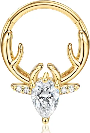 BodyBonita 16G Christmas Septum Rings Jewelry - 316 Surgical Steel Deer CZ Nose Rings Hoops Clicker for Women Daith Piercing Jewelry Conch Tragus Helix Cartilage Earring 14K Gold Plated/Silver 10 mm