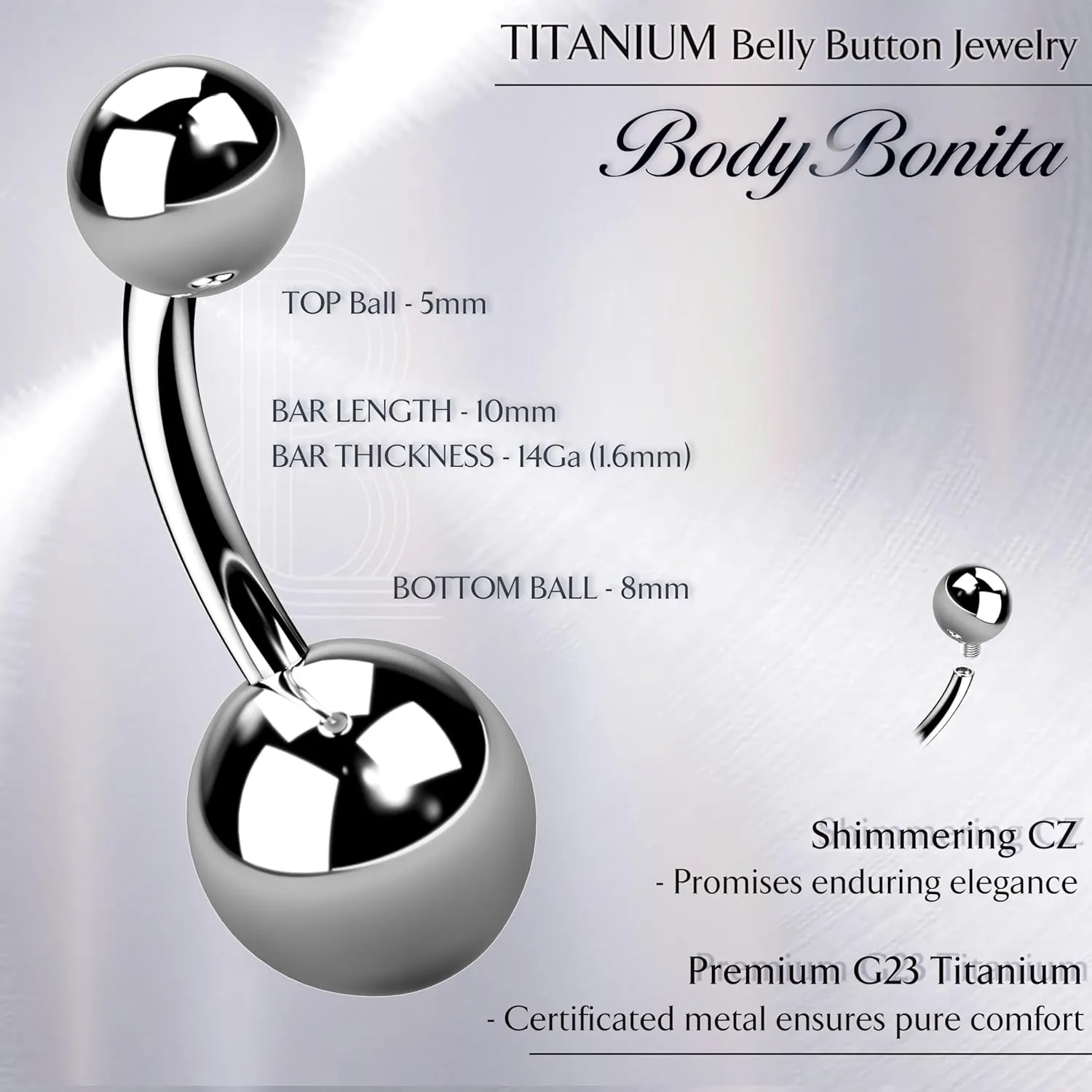 BodyBonita Real Solid G23 Titanium Belly Button Rings - 14G Internally Threaded 10mm Belly Ring Round Square Star Teardrop CZ Navel Rings for Women