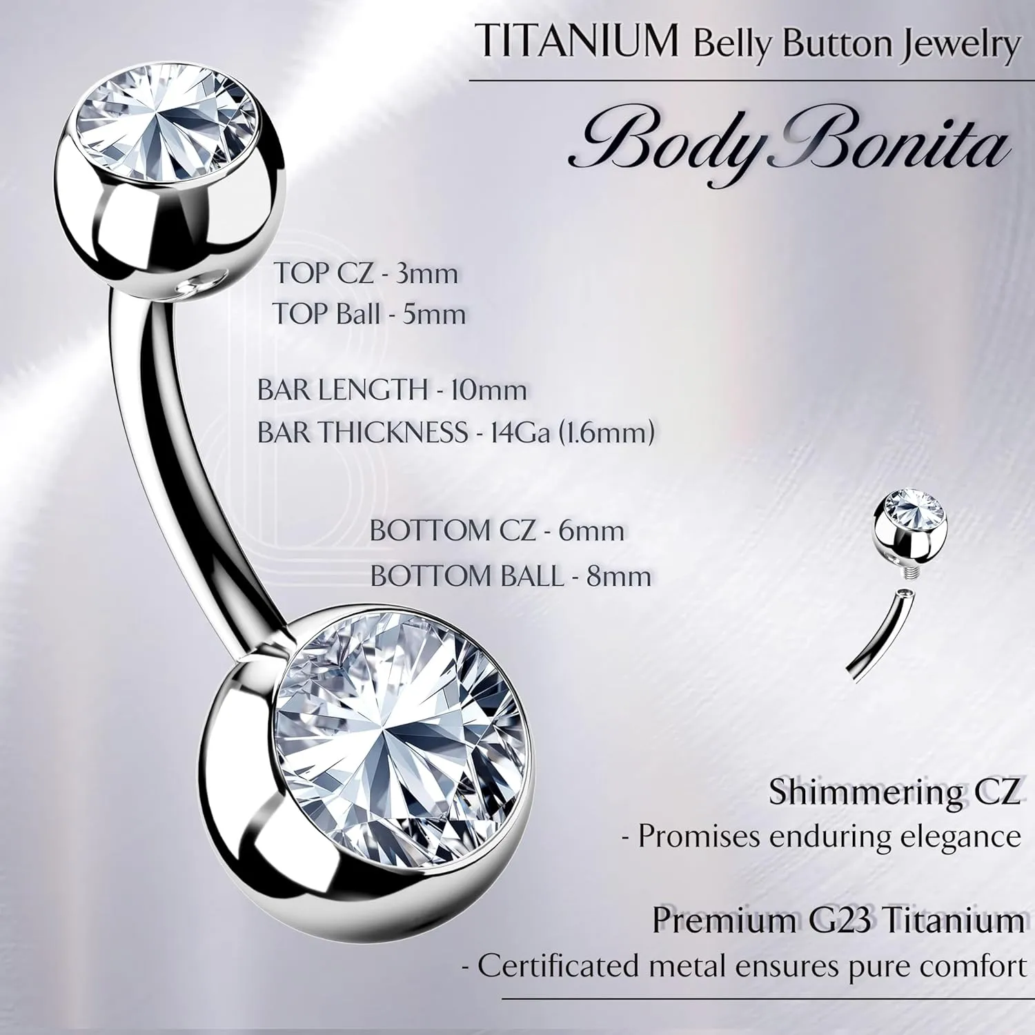 BodyBonita Real Solid G23 Titanium Belly Button Rings - 14G Internally Threaded 10mm Belly Ring Round Square Star Teardrop CZ Navel Rings for Women