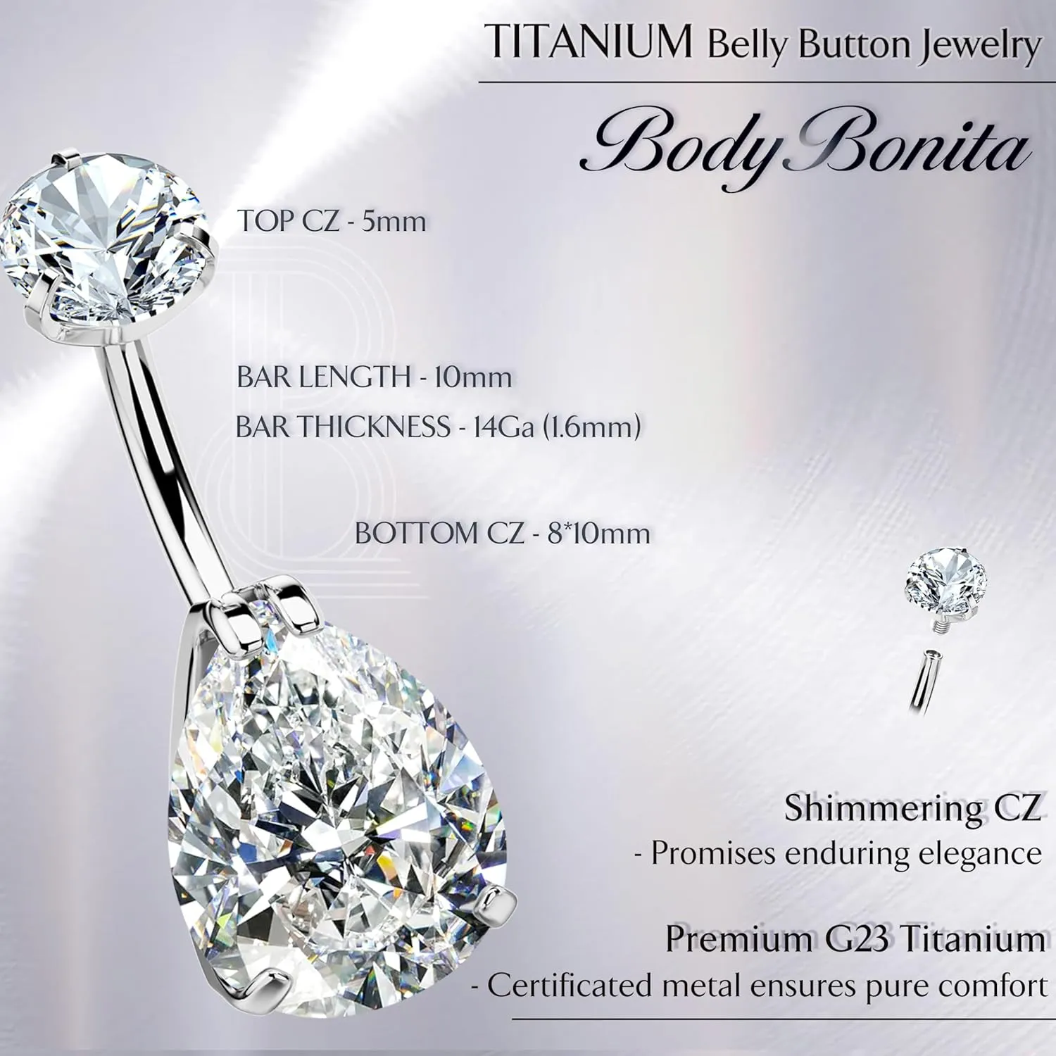BodyBonita Real Solid G23 Titanium Belly Button Rings - 14G Internally Threaded 10mm Belly Ring Round Square Star Teardrop CZ Navel Rings for Women