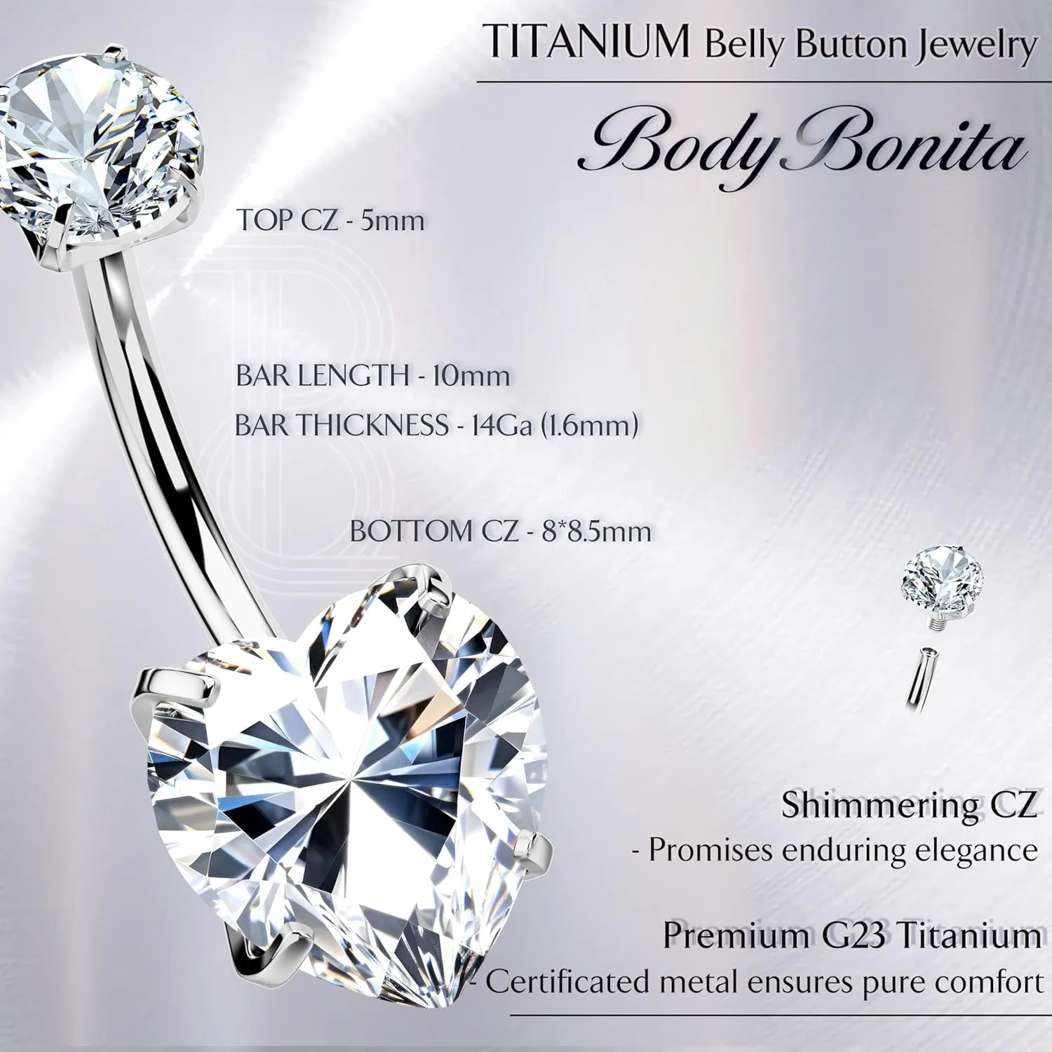 BodyBonita Real Solid G23 Titanium Belly Button Rings - 14G Internally Threaded 10mm Belly Ring Round Square Star Teardrop CZ Navel Rings for Women
