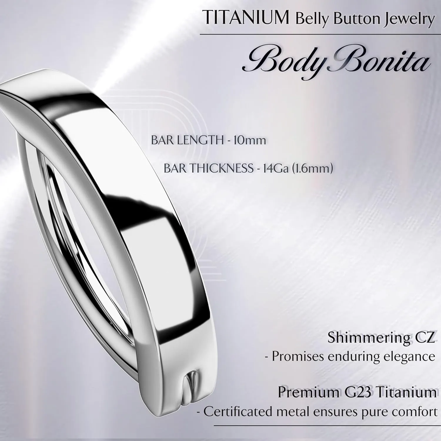 BodyBonita Real Solid G23 Titanium Belly Button Rings - 14G Internally Threaded 10mm Belly Ring Round Square Star Teardrop CZ Navel Rings for Women