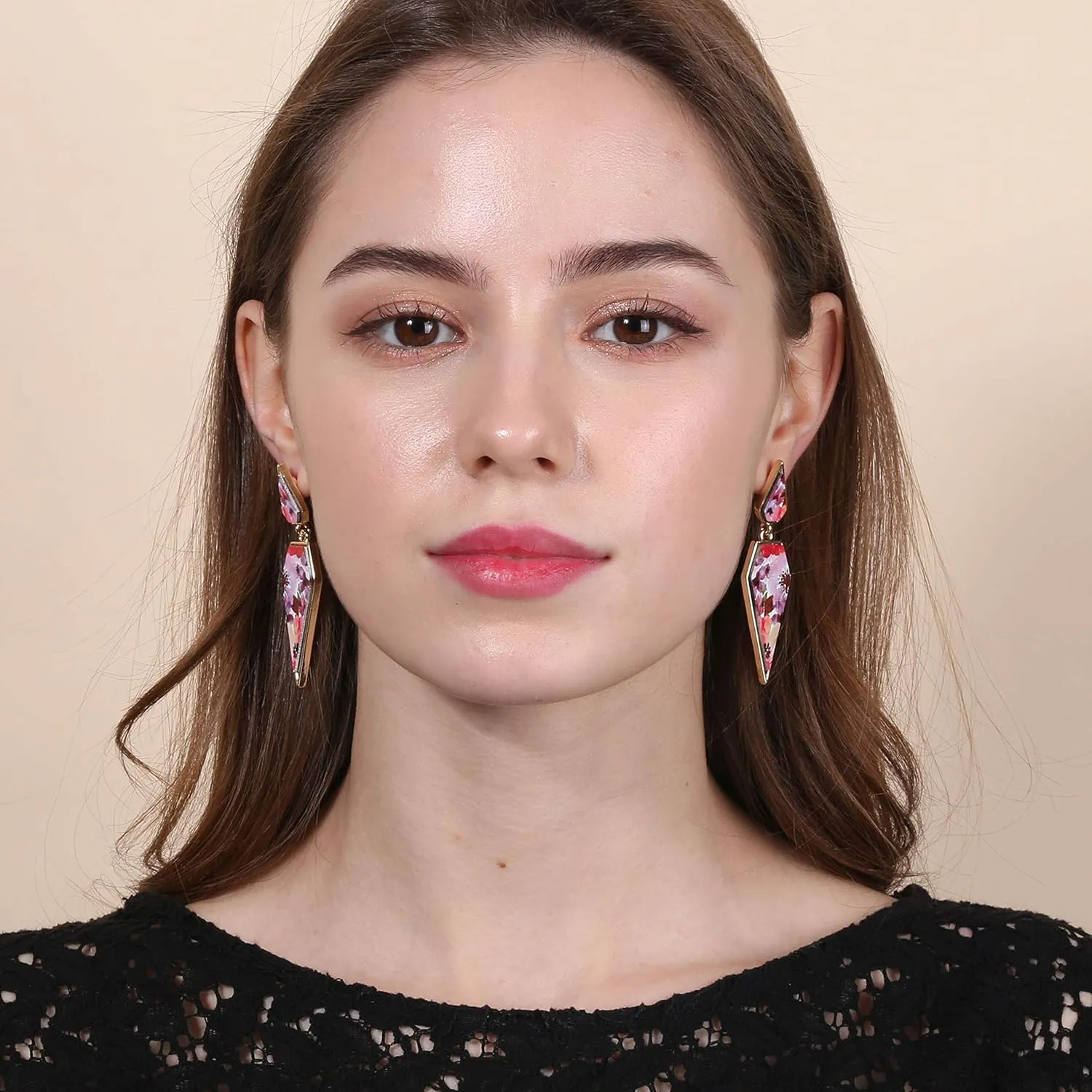 Bohemian Wood And Marble Effect Pentagon Shaped Drop Statement Earrings