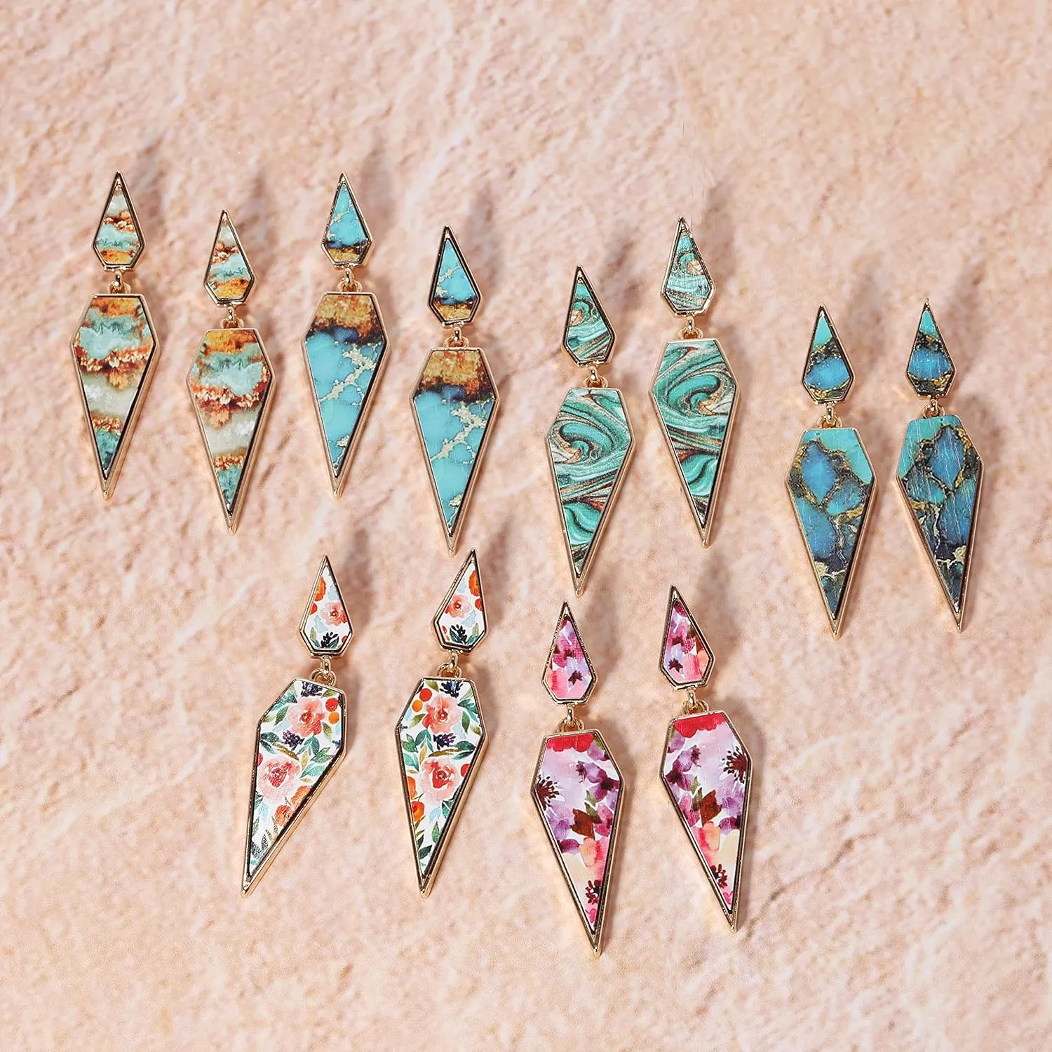 Bohemian Wood And Marble Effect Pentagon Shaped Drop Statement Earrings