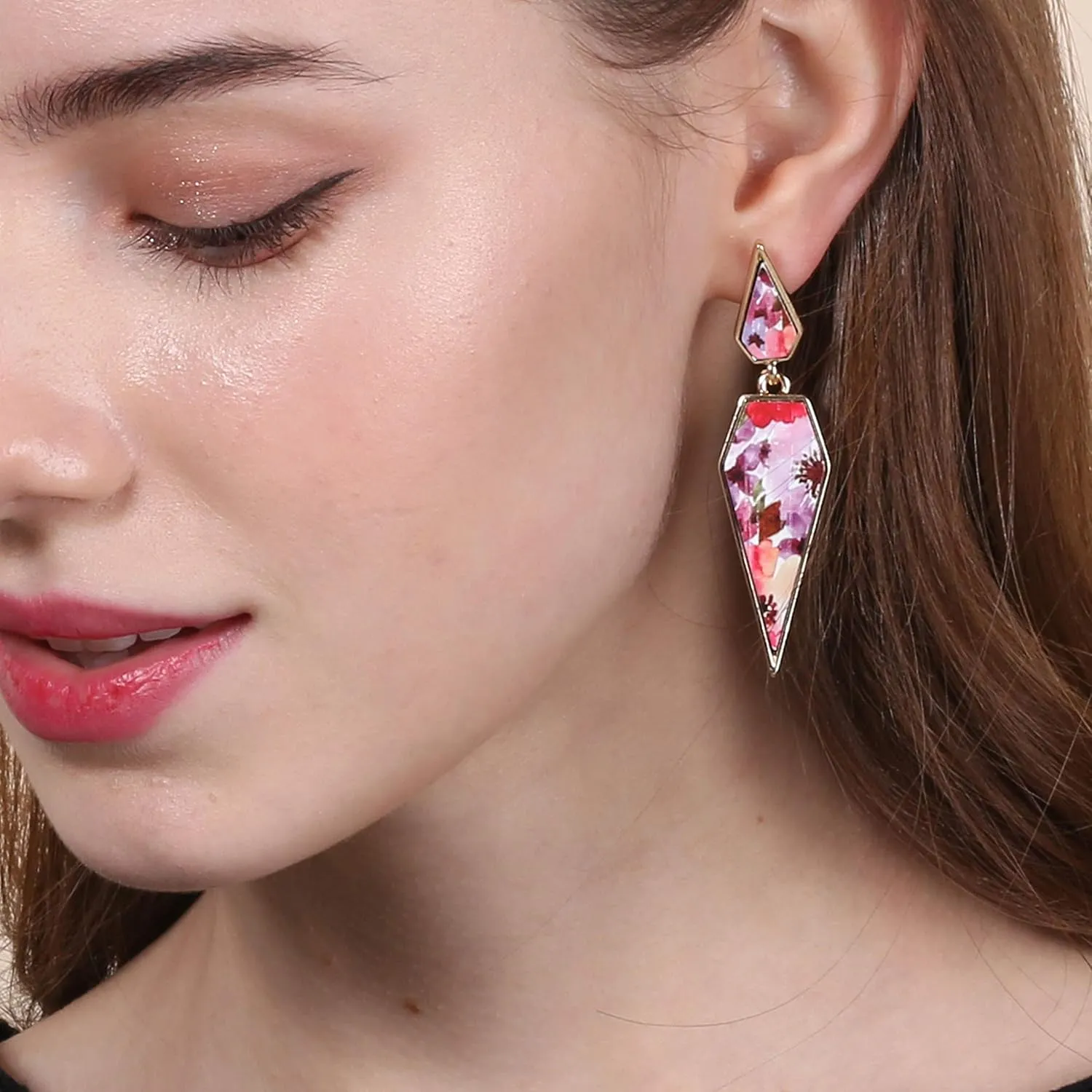 Bohemian Wood And Marble Effect Pentagon Shaped Drop Statement Earrings