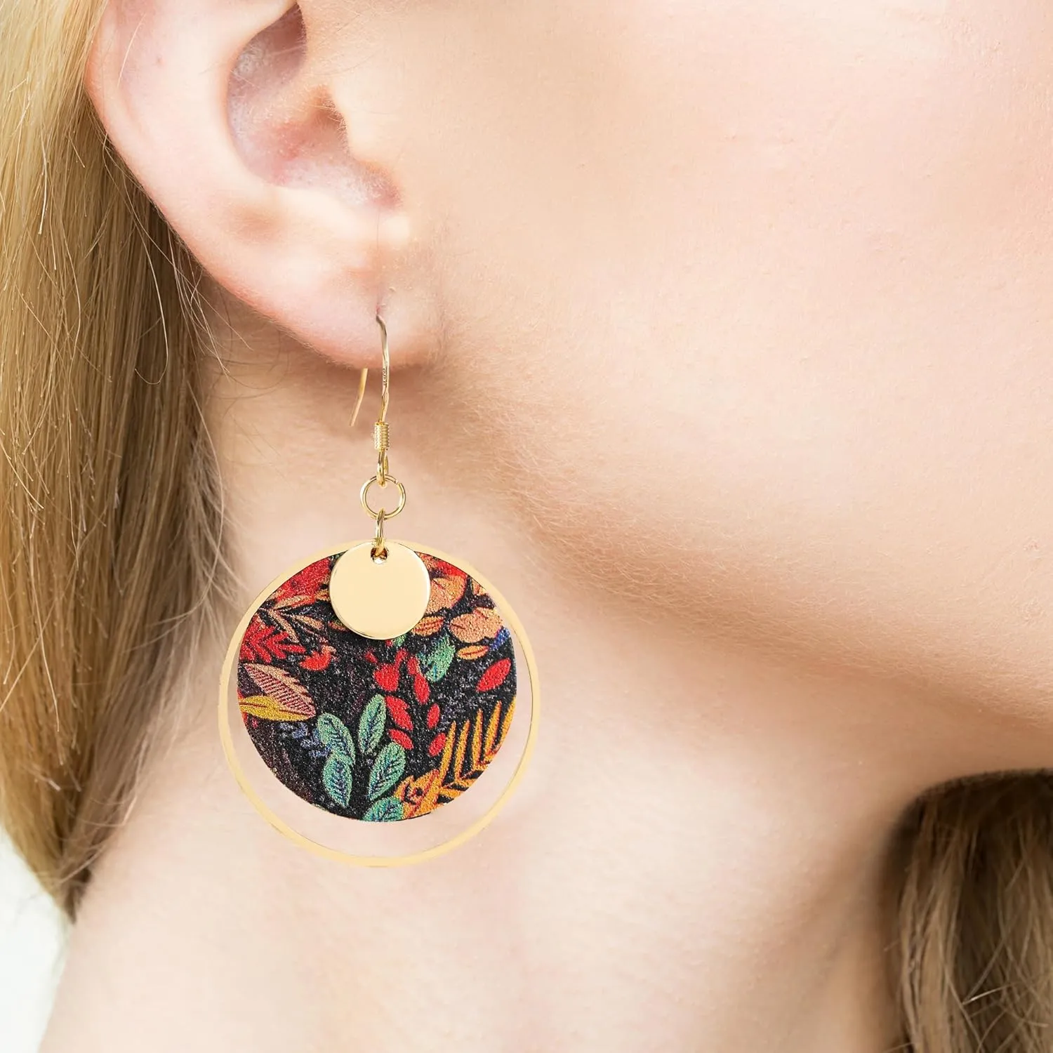 Boho Earrings, Gold Hoop Flower Earrings, Dangle Round Disc Earrings for Women, Handmade Bohemian Trendy Boho Floral Jewelry Gift