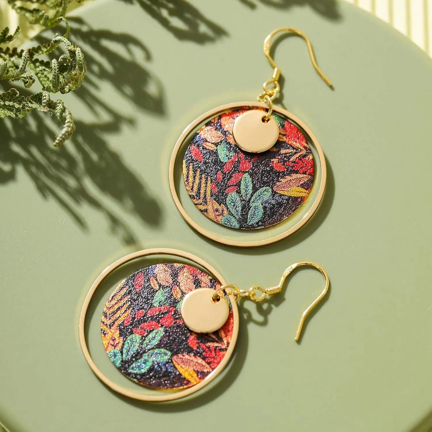 Boho Earrings, Gold Hoop Flower Earrings, Dangle Round Disc Earrings for Women, Handmade Bohemian Trendy Boho Floral Jewelry Gift