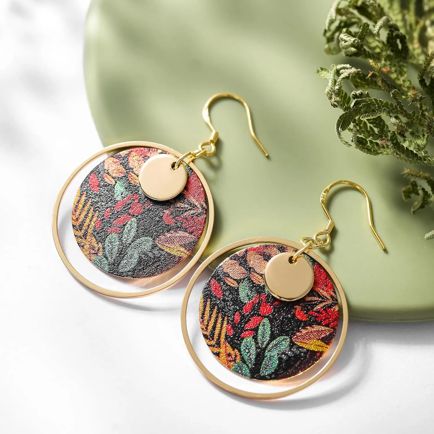 Boho Earrings, Gold Hoop Flower Earrings, Dangle Round Disc Earrings for Women, Handmade Bohemian Trendy Boho Floral Jewelry Gift