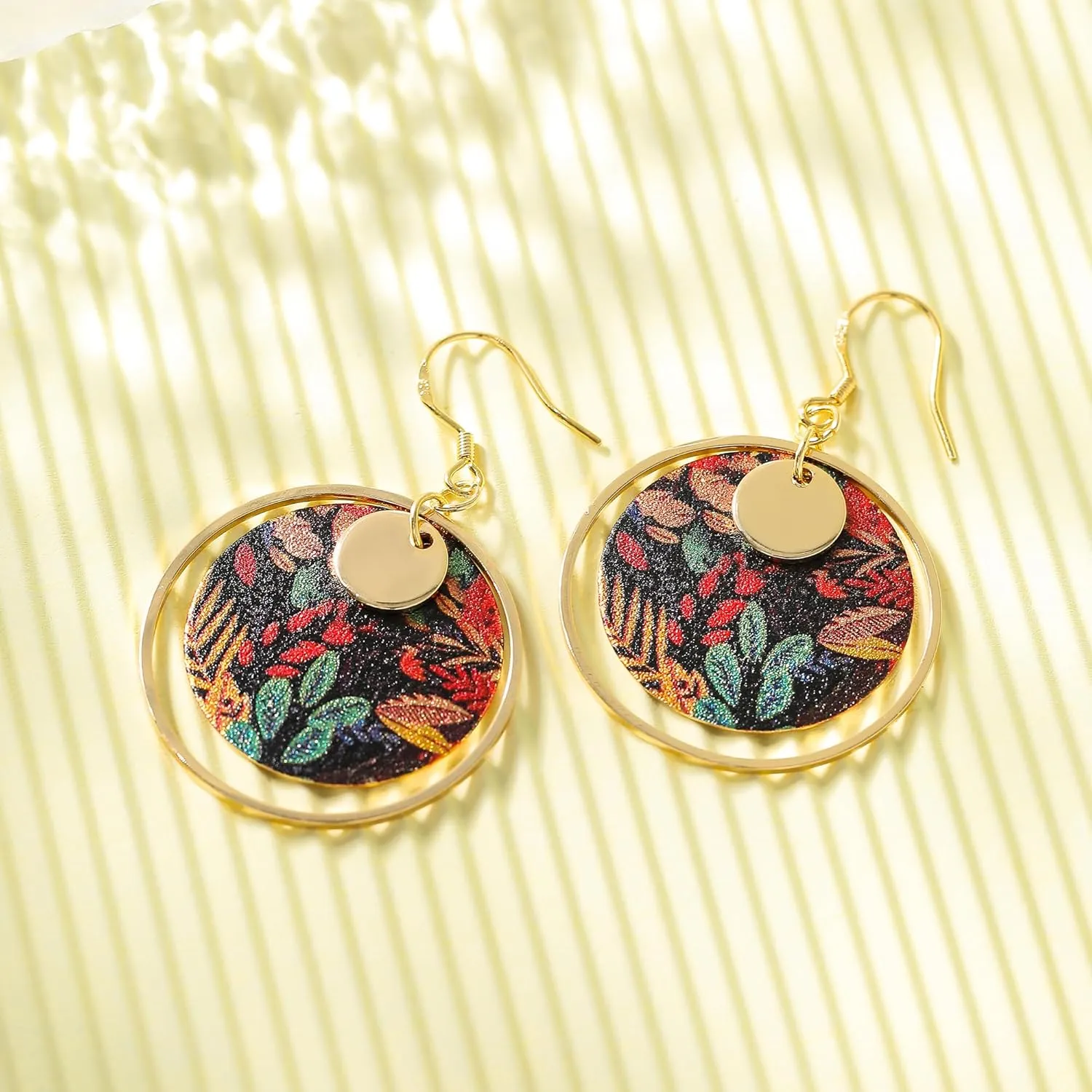 Boho Earrings, Gold Hoop Flower Earrings, Dangle Round Disc Earrings for Women, Handmade Bohemian Trendy Boho Floral Jewelry Gift