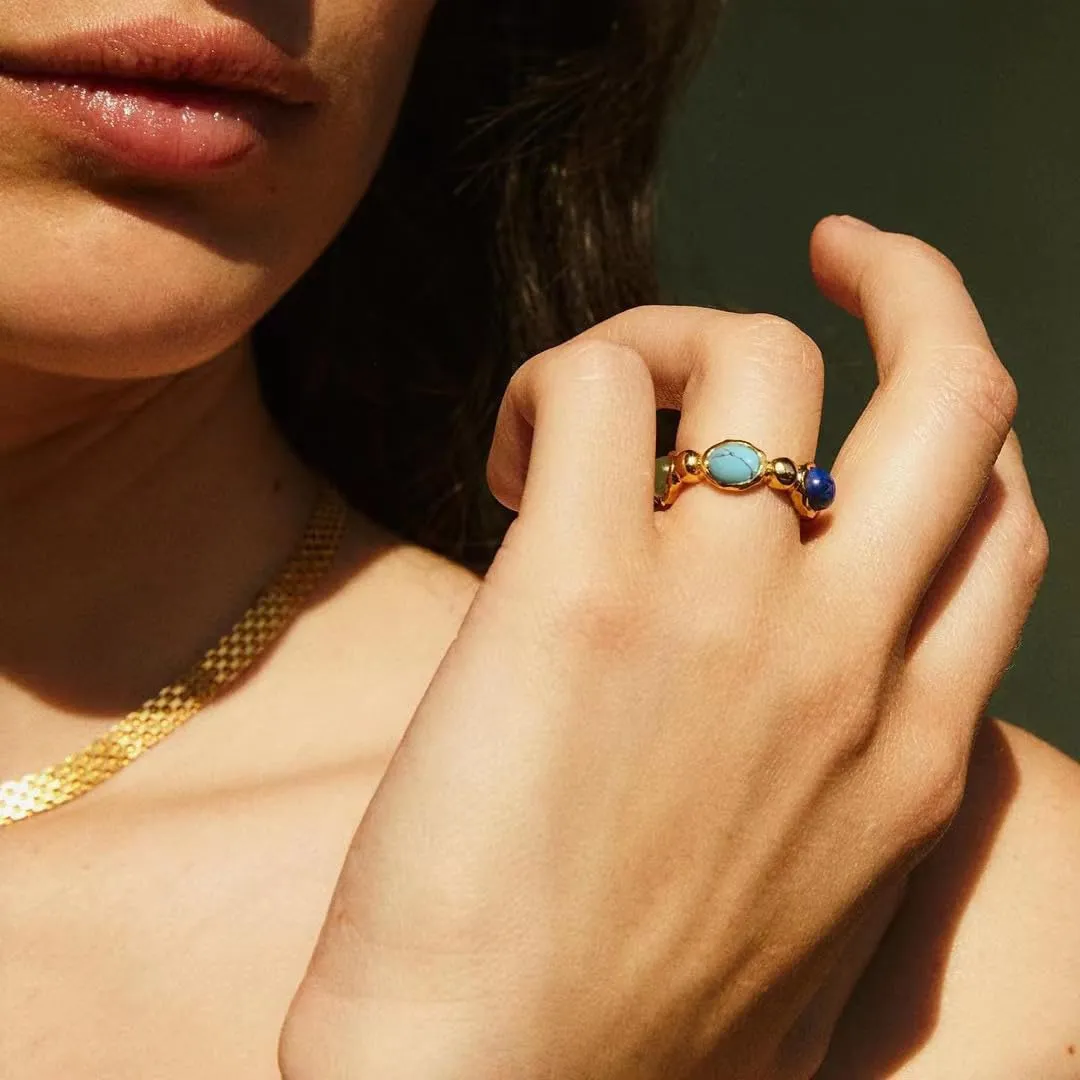 Boho Natural Stone Chunky Rings|Turquoise|Green Aventurine|Black Obsidian|Amazonite|Red Agate Adjustable 18k Gold Plated Stainless Steel Stackable Party Rings