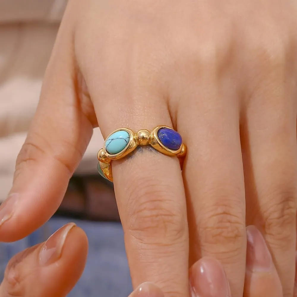 Boho Natural Stone Chunky Rings|Turquoise|Green Aventurine|Black Obsidian|Amazonite|Red Agate Adjustable 18k Gold Plated Stainless Steel Stackable Party Rings