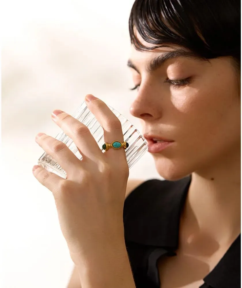 Boho Natural Stone Chunky Rings|Turquoise|Green Aventurine|Black Obsidian|Amazonite|Red Agate Adjustable 18k Gold Plated Stainless Steel Stackable Party Rings