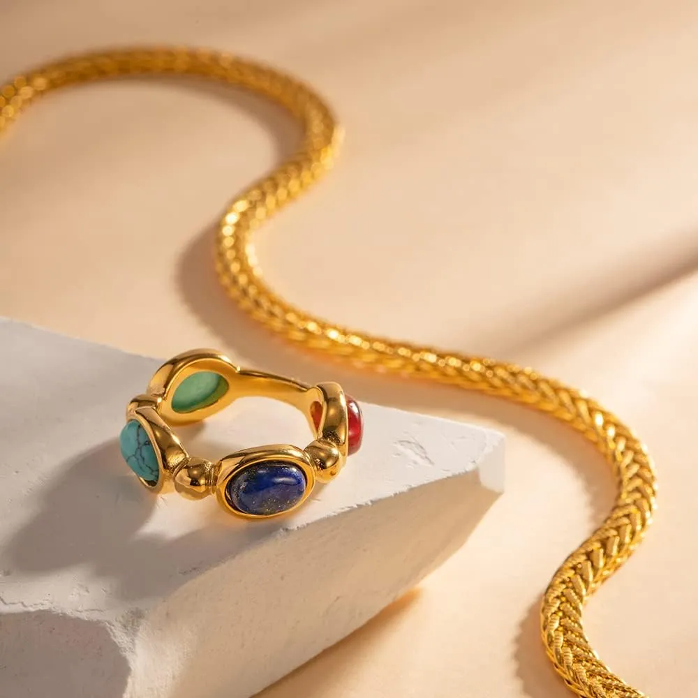 Boho Natural Stone Chunky Rings|Turquoise|Green Aventurine|Black Obsidian|Amazonite|Red Agate Adjustable 18k Gold Plated Stainless Steel Stackable Party Rings
